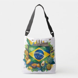 Brasiliens Flagga med landmärken och tropiska fruk Axelväska