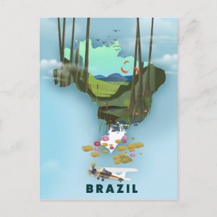 Brasiliens karta illustrerade reseaffisch vykort