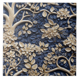 Brass Flower Träd, Golden and Blue Mural, Relief Kakelplatta