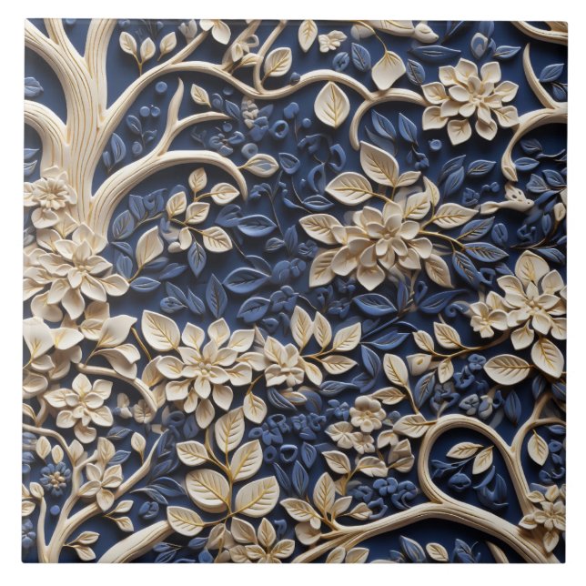 Brass Flower Träd, Golden and Blue Mural, Relief Kakelplatta (Framsidan)