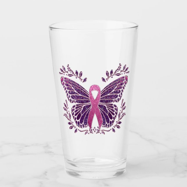 Brast Cancer Awareness Butterfly Blommigt Gräns Glaskopp (Framsida)
