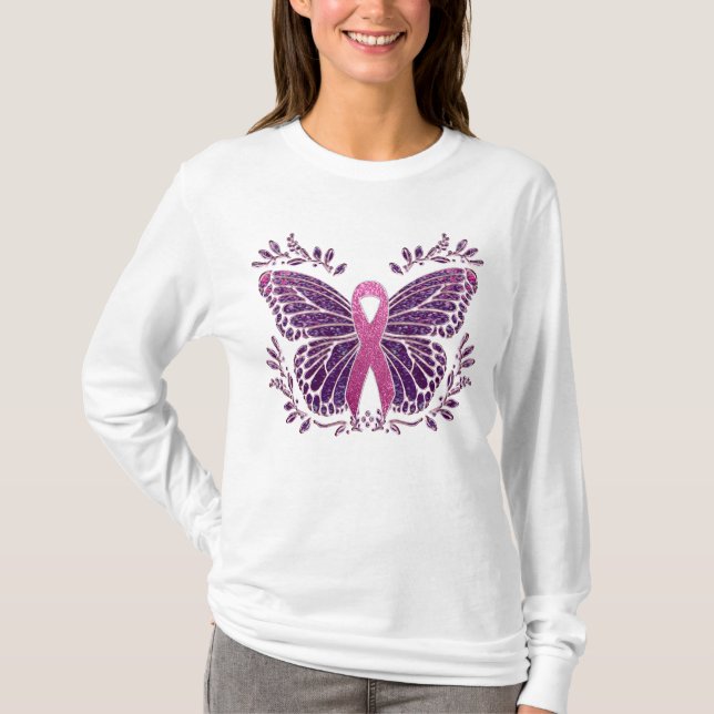 Brast Cancer Awareness Butterfly Blommigt Gräns T Shirt (Framsida)