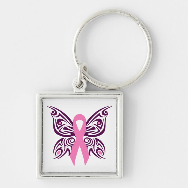 Brast Cancer Awareness Butterfly Fyrkantig Silverfärgad Nyckelring (Framsidan)