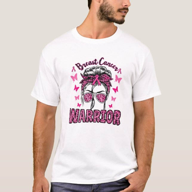 Brast Cancer Warrior Leopard Messy Bun T Shirt (Framsida)