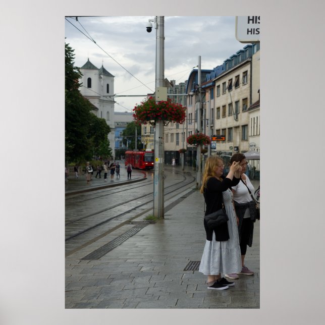 Bratislava Cathedral and Red Tram Street Scene Poster (Framsidan)