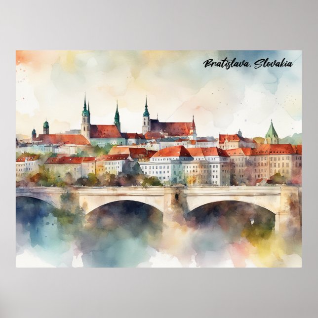 Bratislava Slovakien Akvarellmålning Panorama  Poster (Framsidan)