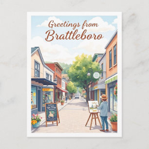Brattleboro, Vermont – Konstnärlig Downtown Vintag Vykort