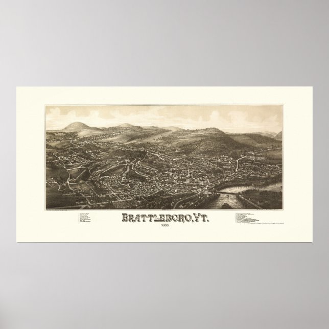Brattleboro, VT Panoramic Karta - 1886 Poster (Framsidan)