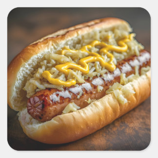 Bratwurstkorv med senap och sauerkraut fyrkantigt klistermärke