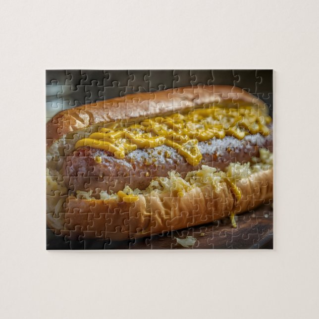 Bratwurstkorv med senap och sauerkraut pussel (Horisontell)