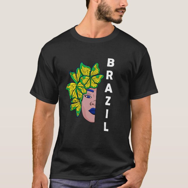 Brazil Brazilian Flag Half Face Butterfly Brazilia T Shirt (Framsida)