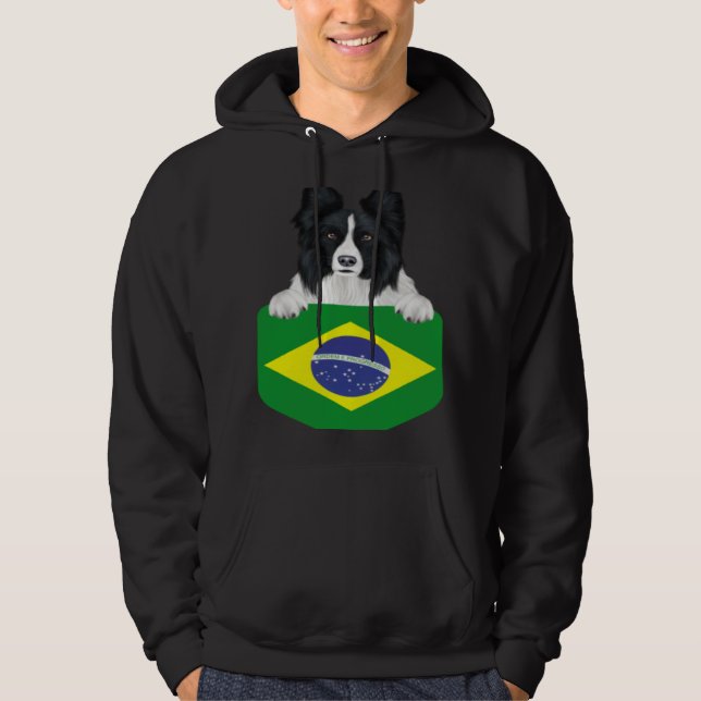 Brazil Flag Border Collie Dog In Pocket Hoodie (Framsida)