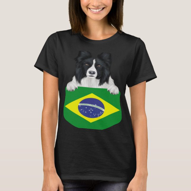 Brazil Flag Border Collie Dog In Pocket T Shirt (Framsida)