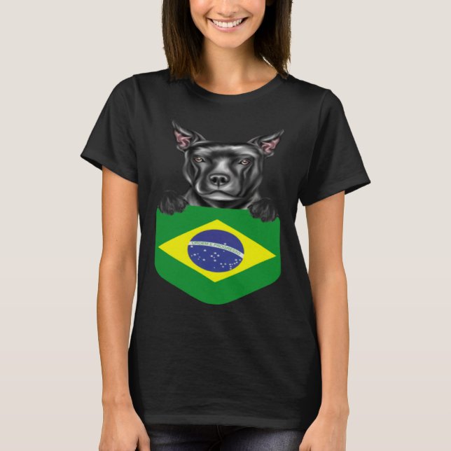Brazil Flag Staffordshire Bull Terrier Dog In Pock T Shirt (Framsida)