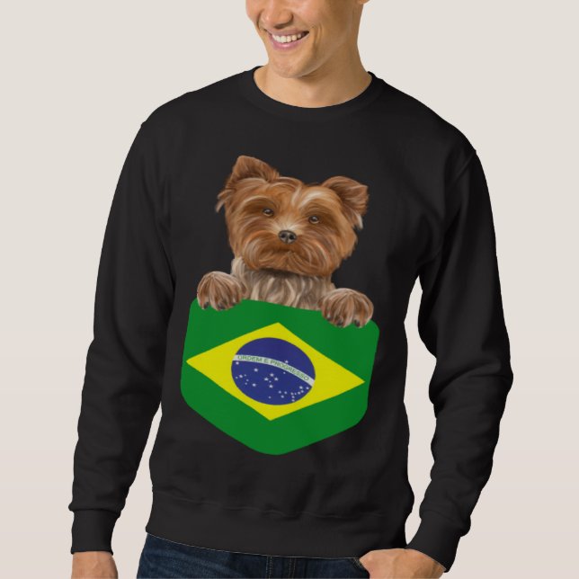 Brazil Flag Yorkshire Terrier Dog In Pocket Lång Ärmad Tröja (Framsida)