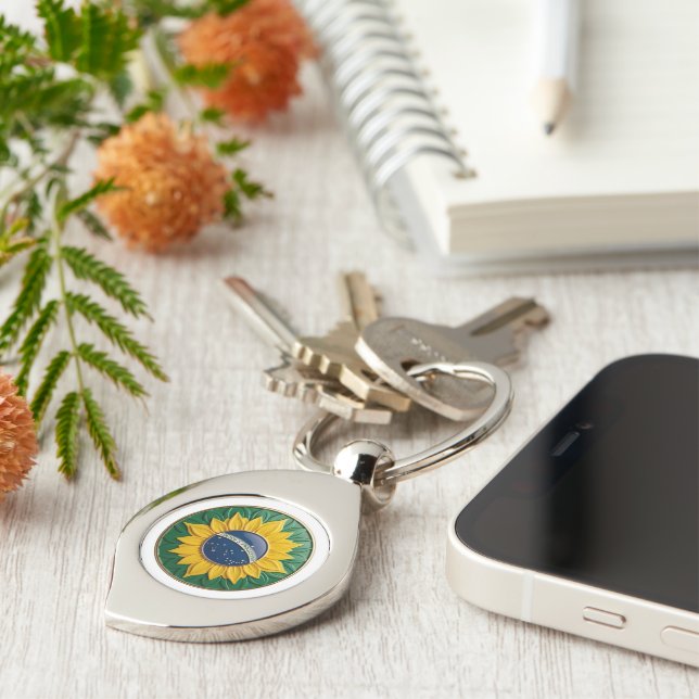 Brazil Solar Emblem - Luxury 3D National Pride Art Swirl Silverfärgad Nyckelring (Sidan)
