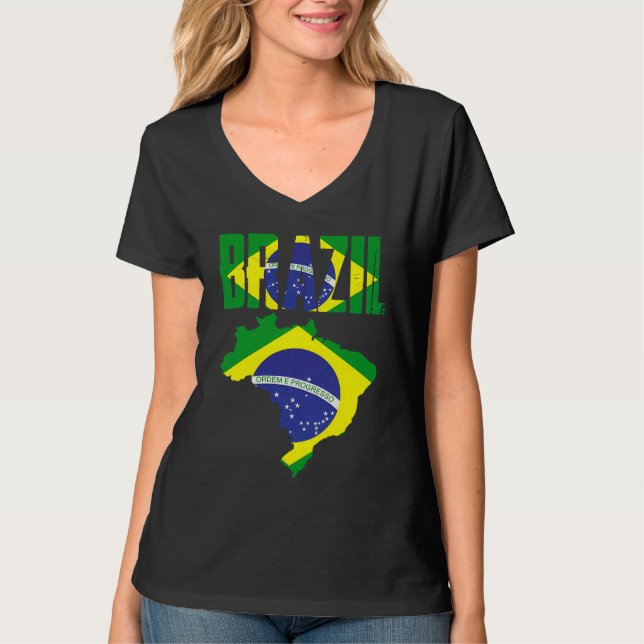 Brazilian Brazil Country Map Flag T Shirt (Framsida)