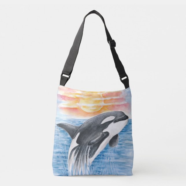 Breaching Orca Whale  Sunset Watercolor Axelväska (Framsida)