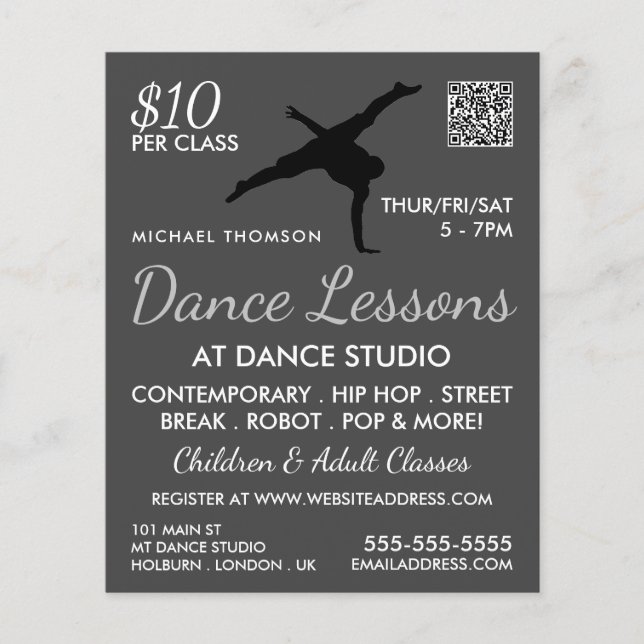 Break Dancer Silhouette, Dance Lesson Advertising Flygblad (Framsidan)