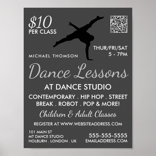 Break Dancer Silhouette, Dance Lesson Advertising Poster (Framsidan)