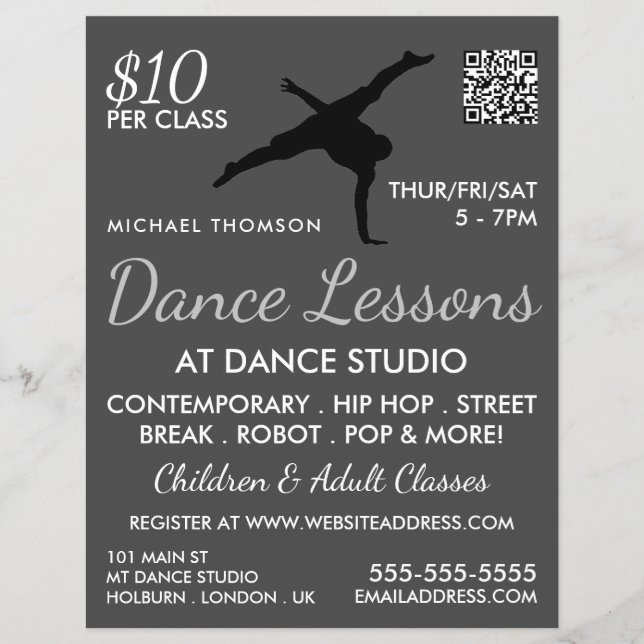 Break Dancer Silhouette, Dance Lesson Advertising Reklamblad (Framsidan)