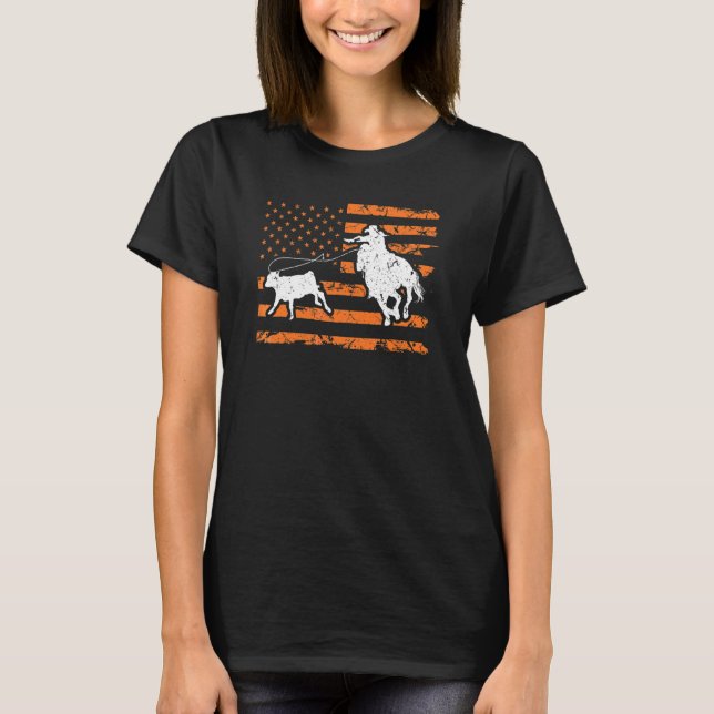 Breakaway Roping Cowgirl American Flagga Rodeo Cal T Shirt (Framsida)