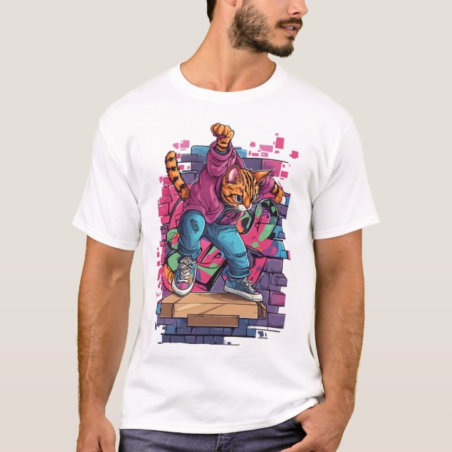Breakdance Meow – Urban Graffiti Cat Dance T Shirt (Framsida)