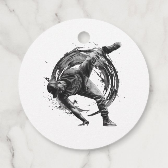 Breakdancer in action, i bläck splatter stil gåvor etiketter (Baksida)