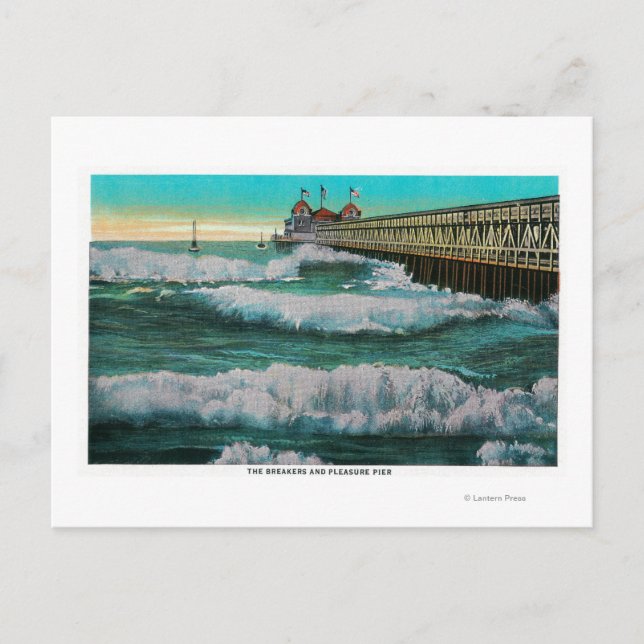 Breakers and Pleasure PierLong Beach, CA Vykort (Framsida)