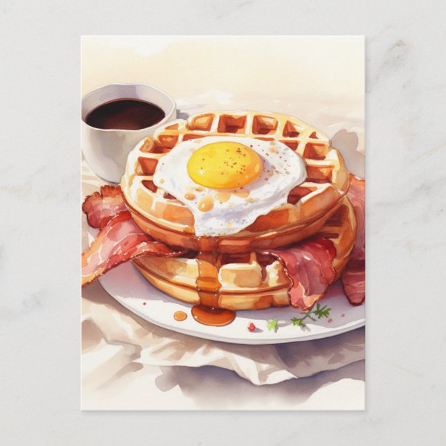 Breakfast Egg Waffle Bacon Coffee Food Foodie Helg Vykort (Framsida)