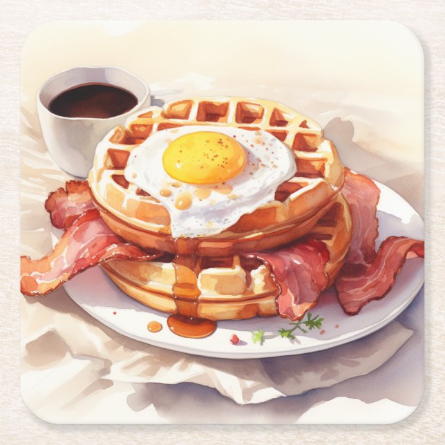 Breakfast Egg Waffle Bacon Coffee Food Foodie Underlägg Papper Kvadrat (Framsidan)
