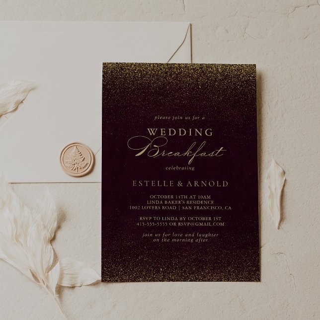Breakfast för Burgundy Guld Glitter Bröllop Inbjudningar (Skapare uppladdad)