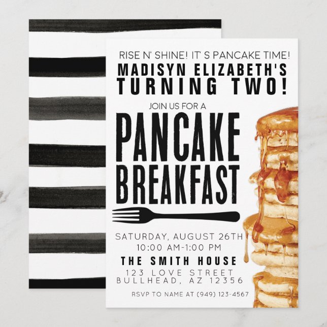 Breakfast Pancakes och Pajamas Party Birthday Inbjudningar (Fram/baksida)