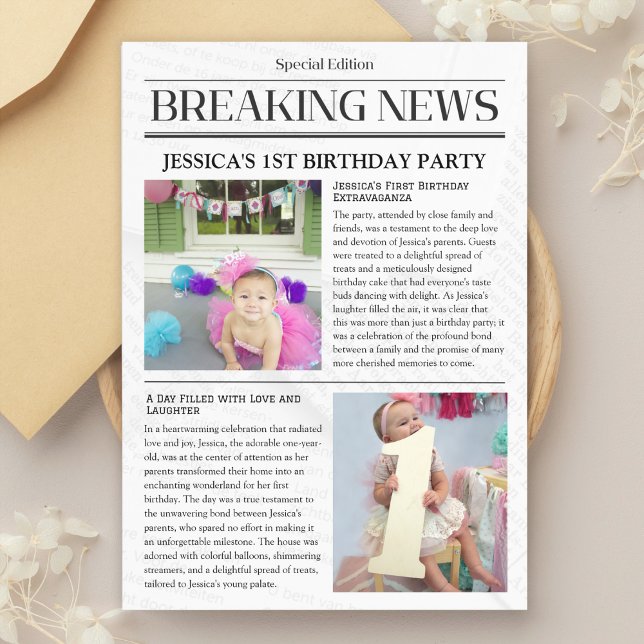 Breaking News First Birthday-meddelande Kort (milestone celebration postcard, unique baby announcement, photo memory card, birthday party )