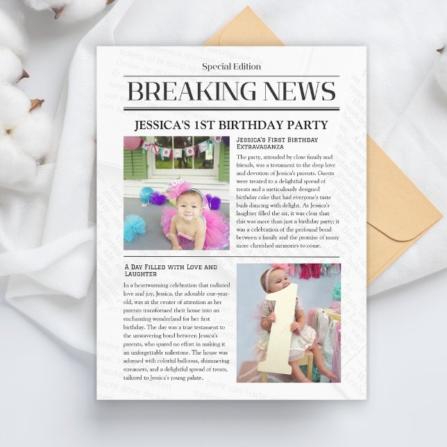 Breaking News First Birthday Meddelandekort Meddelande Vykort (Breaking News Front Page Newspaper 1st Birthday Announcement Postcard)