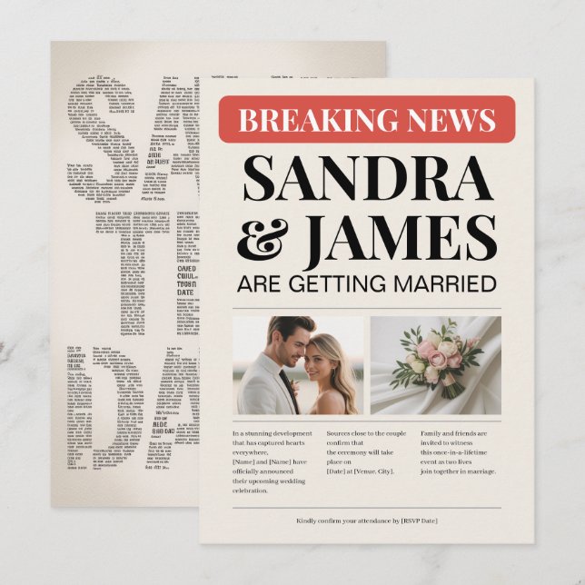 Breaking News Kreativ Bröllopskort Spara Datum-kor Inbjudningar (Fram/baksida)