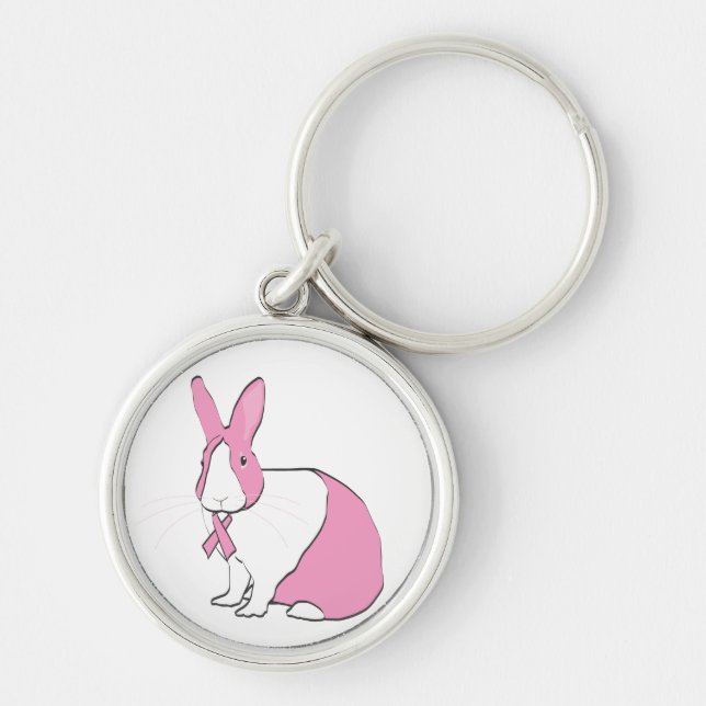 BREAST CANCER AWARENESS BUNNY KEYCHAIN RUND SILVERFÄRGAD NYCKELRING (Framsidan)