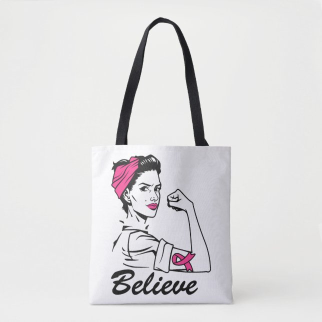 Breast Cancer Awareness Month Women's Believe Pink Tygkasse (Framsida)
