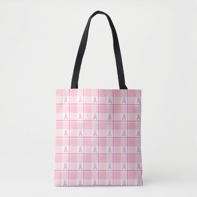 Breast Cancer Awareness Plaid Tote Bag, Pink Tygkasse (Framsida)