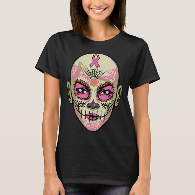 Breast Cancer Chemo Catrina Sugar Skull Dia de Los T Shirt (Framsida)