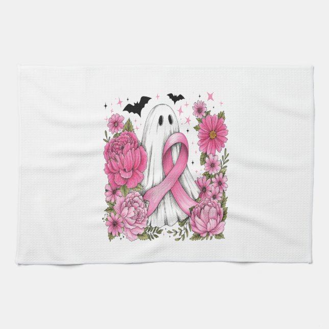 Breast Cancer Halloween Ghost Boho Kökshandduk (Horisontell)
