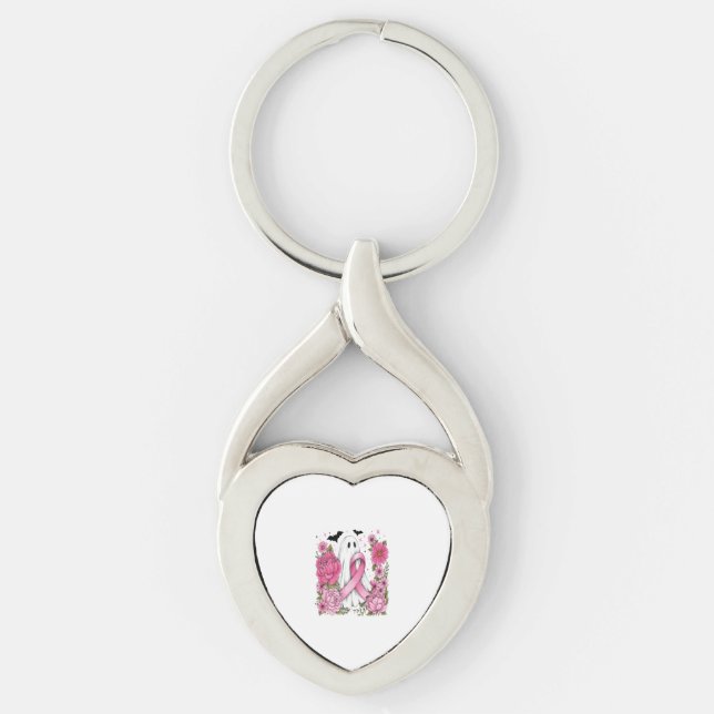 Breast Cancer Halloween Ghost Boho Twisted Heart Silverfärgad Nyckelring (Framsidan)