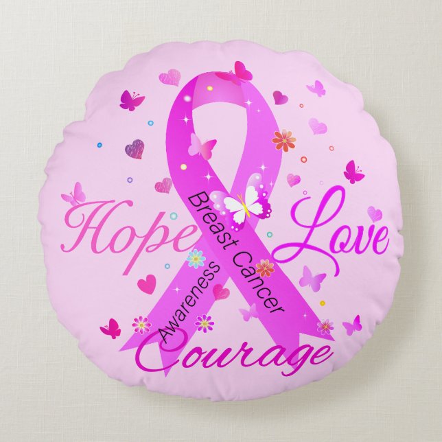 Breast Cancer Hope Kärlek Courage Rund Kudde (Framsidan)