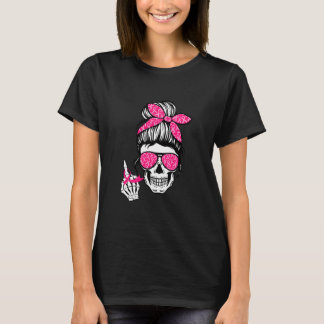 Breast Cancer Mitten Finger Skeleton Rosa Ribbon T Shirt