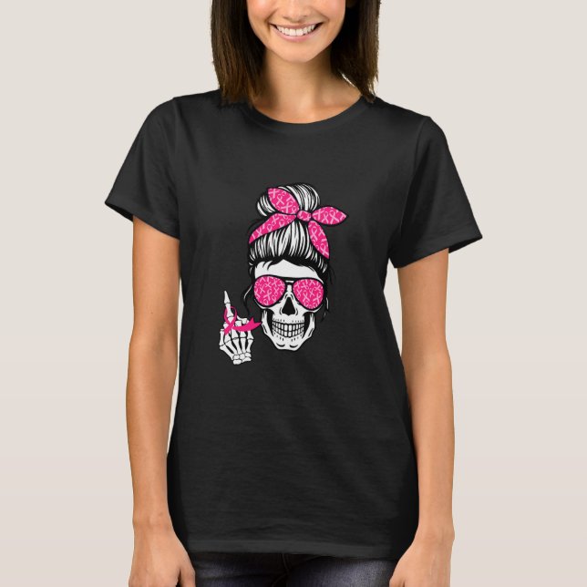 Breast Cancer Mitten Finger Skeleton Rosa Ribbon T Shirt (Framsida)