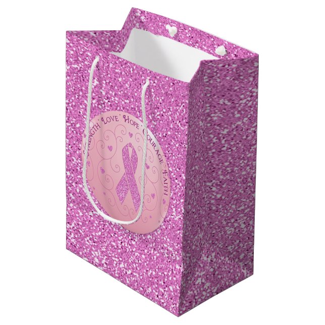 Breast Cancer Pink Ribbon Glitter Gift Bag (Framsidan Vinklad)