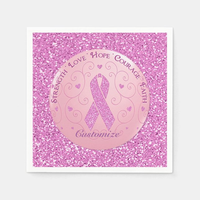 Breast Cancer Pink Ribbon Glitter Napkins Pappersservett (Framsidan)