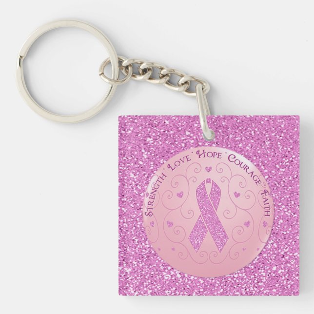 Breast Cancer Pink Ribbon Glitter Nyckelring (Framsidan)