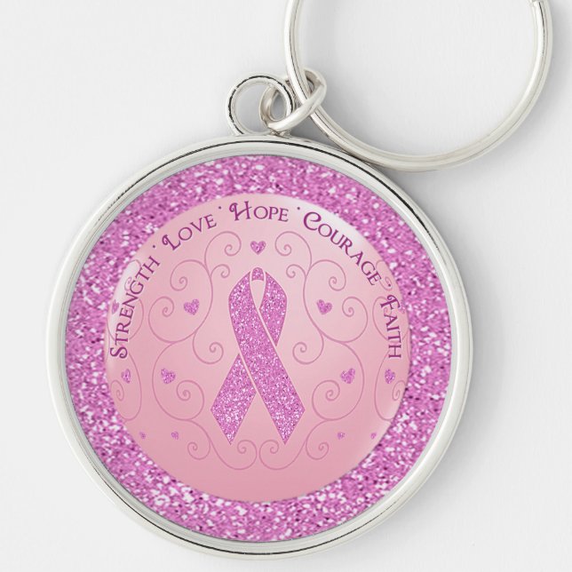 Breast Cancer Pink Ribbon Glitter Nyckelring (Framsidan)