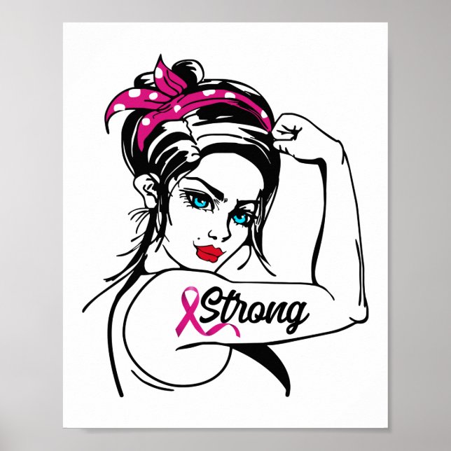 Breast Cancer Strong Rosie Riveter Rosa Ribbon Poster (Framsidan)